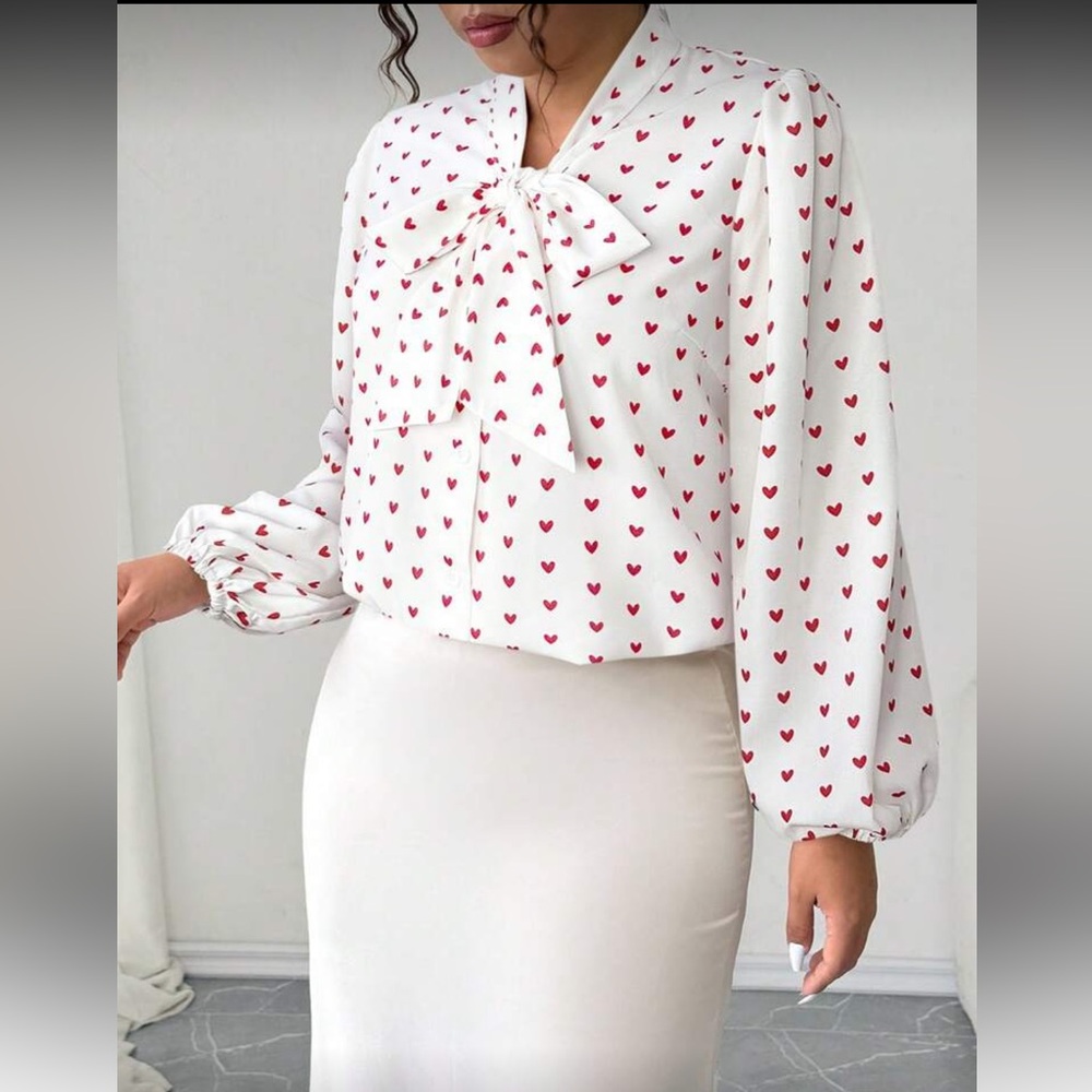 Classic Heart Print Bow Tie Top Blouse Button Down Up Shirt
